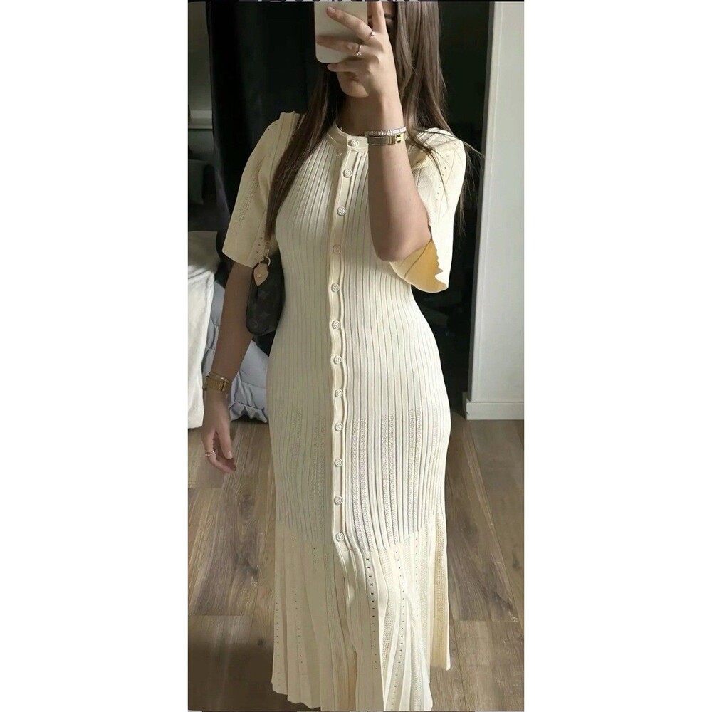 Sandro Paris Fit Knit Dress Short Sleeve Hollowed out Midi Mermaid Dress Sz L - Picture 2 of 10